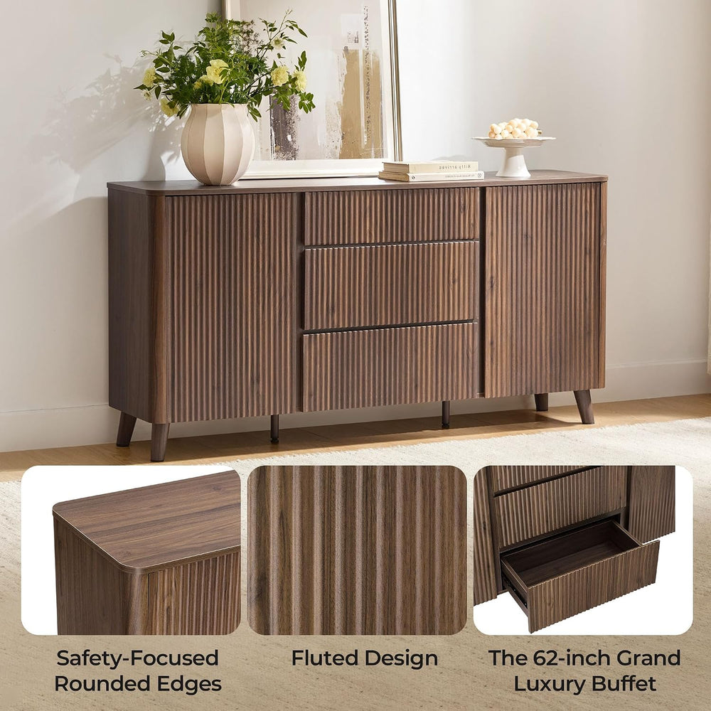 CHITA 62" Fluted Sideboard Buffet Cabinet with 3 Drawers, Walnut