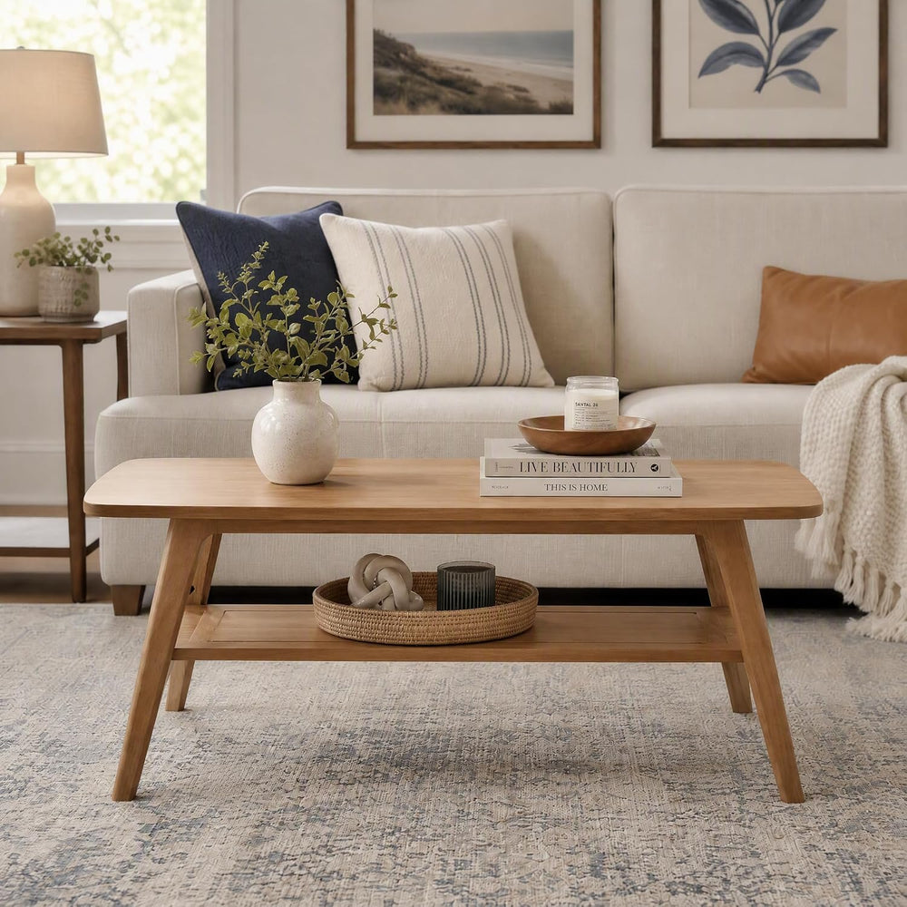 100% Solid Oak Coffee Table with Storage Shelf, 47.24" W