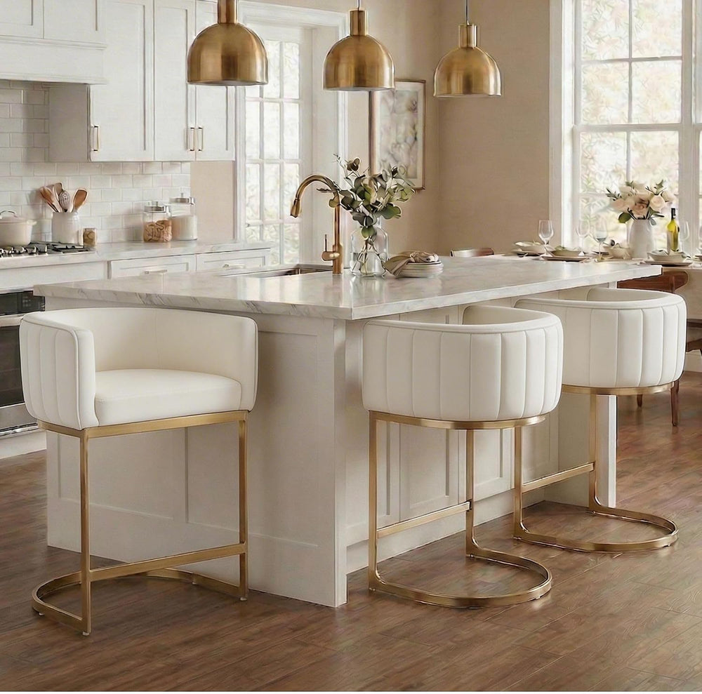Hyfirm Set of 3 Beige Velvet Counter Height Bar Stools Gold Base