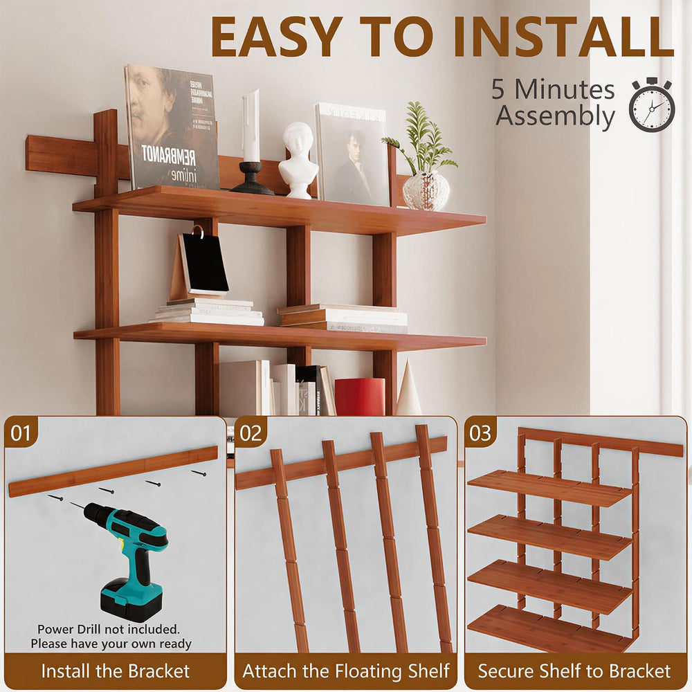 Lauxery 4-Tier Bamboo Wall Mounted Bookshelf, Rustic Brown, 43.3x45.7 in