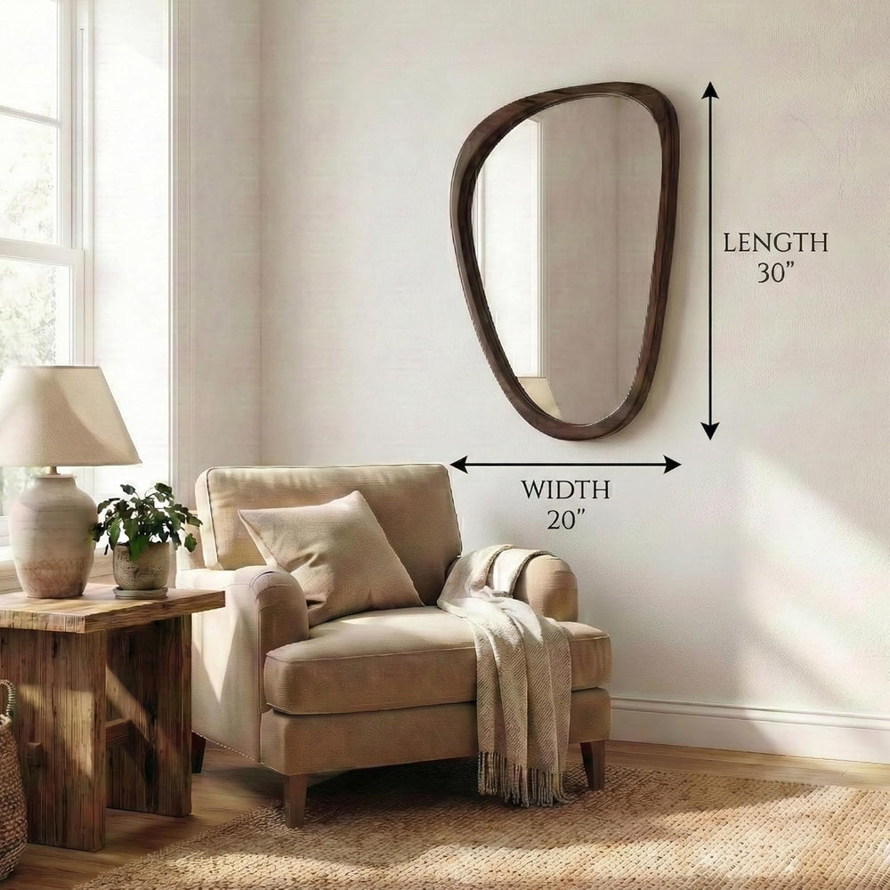Solid Wood 30"x20" Dark Walnut Organic Irregular Wall Mirror Decor