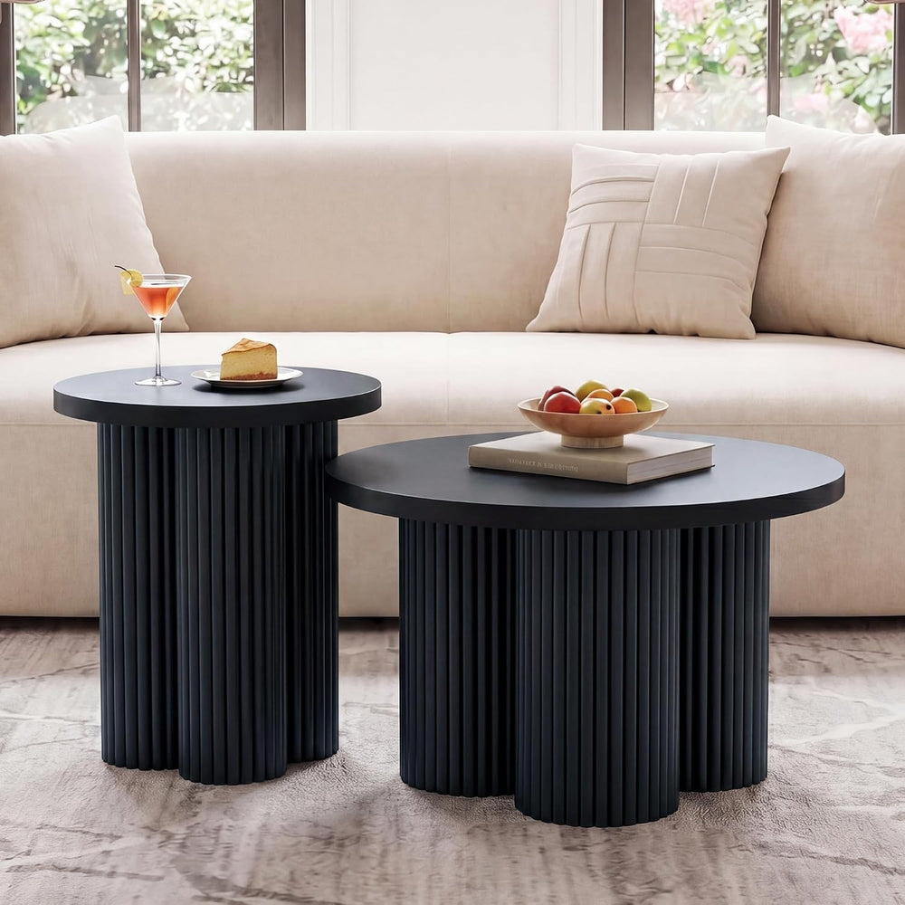 Nesting Coffee Tables Set of 2 Fluted Round Coffee Table(Black)