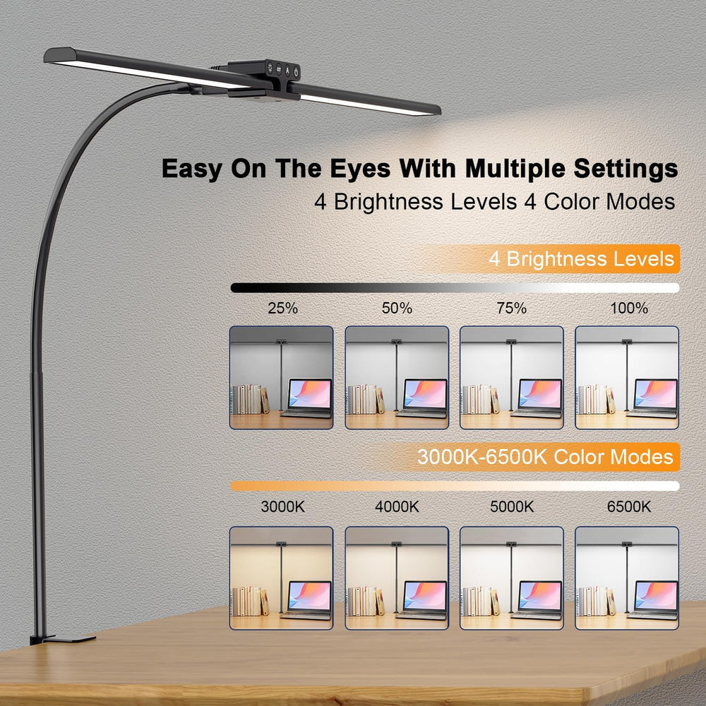 24W Led Desk Lamps with Clamp for Office Home, 31.5-in Double Head, Black