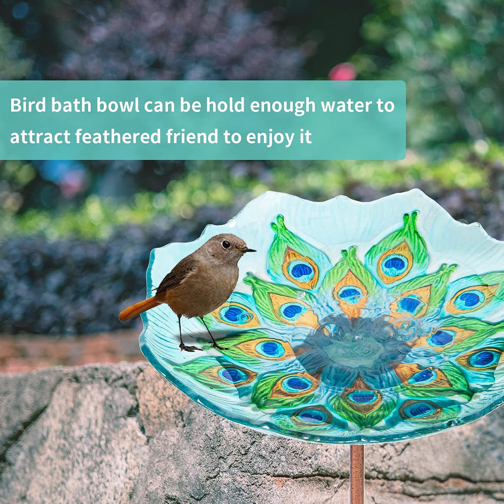 MUMTOP Glass Bird Bath, Garden Outdoor Birdfeeder with Metal Stake, Peacock