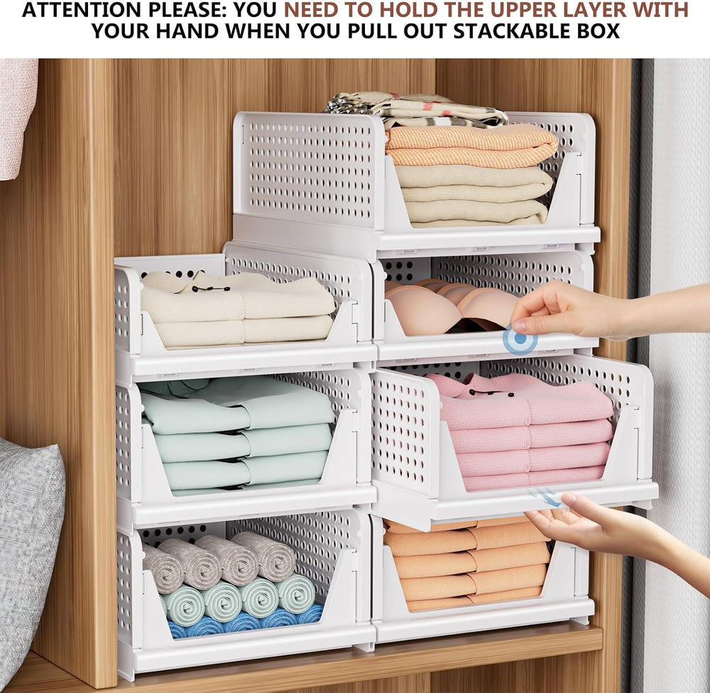 4 Pack Folding Closet Organizers Storage Box, Stackable Storage Bins, Plastic...