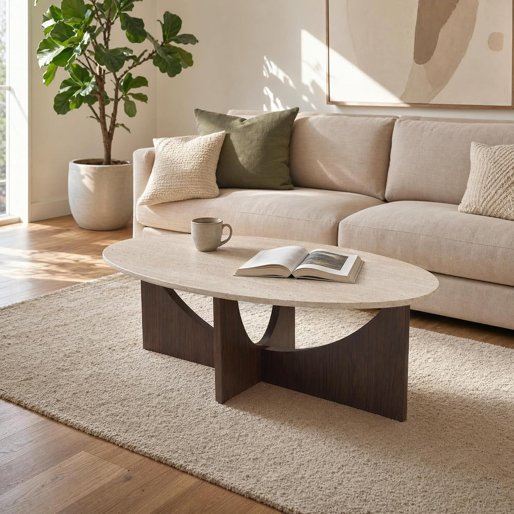 Honyee Oval Coffee Table 47 Inch, Travertine-Look Living Room Center Table