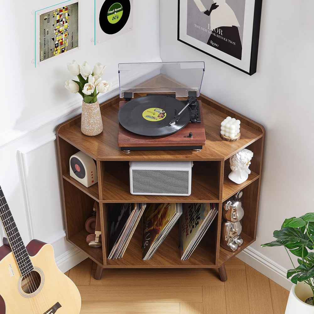 Corner Record Player Stand with Charging Station & USB Ports