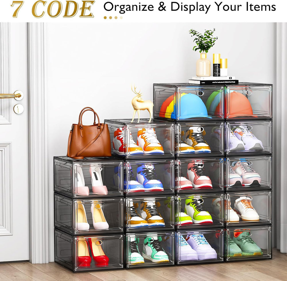 Large Thick Clear Shoe Organizer, Magnetic Door Stackable Shoe Storage Box