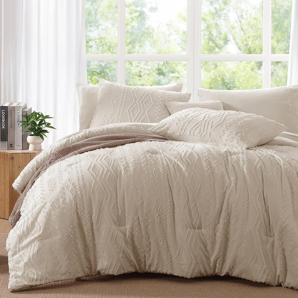 King Size Comforter Set Beige Tufted Boho Bedding Sets Farmhouse 7 Pieces