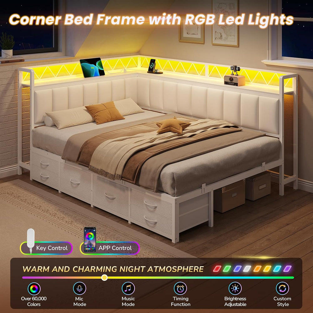Corner Full Bed Frame with 6 Storage Drawers, Open Shelves,Charging Station