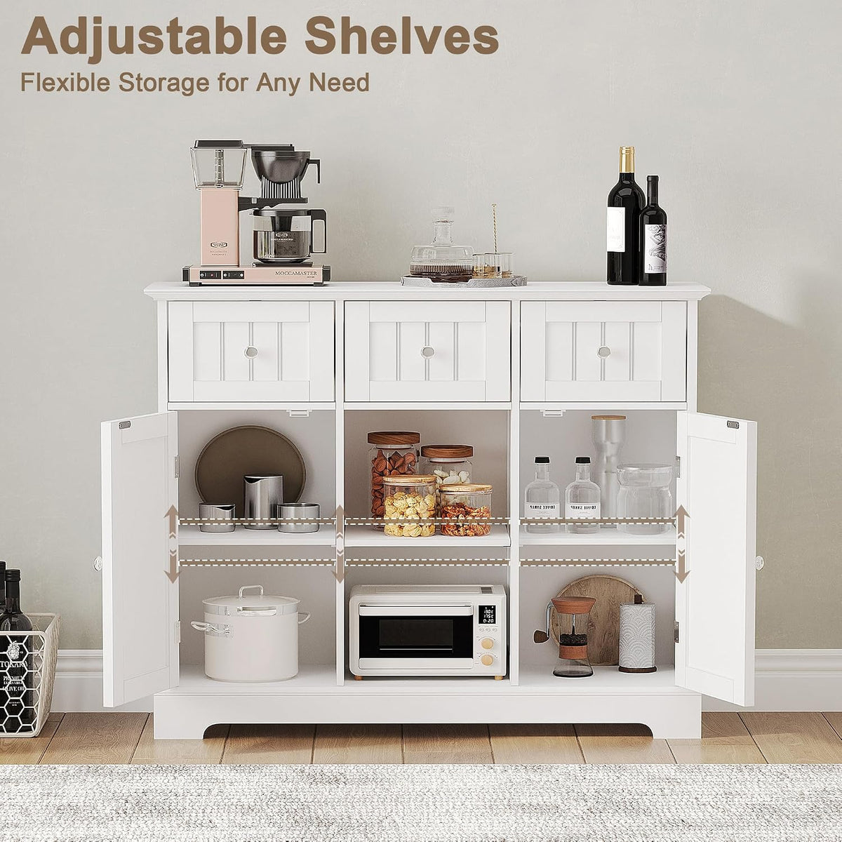 ChooChoo 35.4" Coffee Bar Cabinet with 3 Drawers and 2 Doors, White