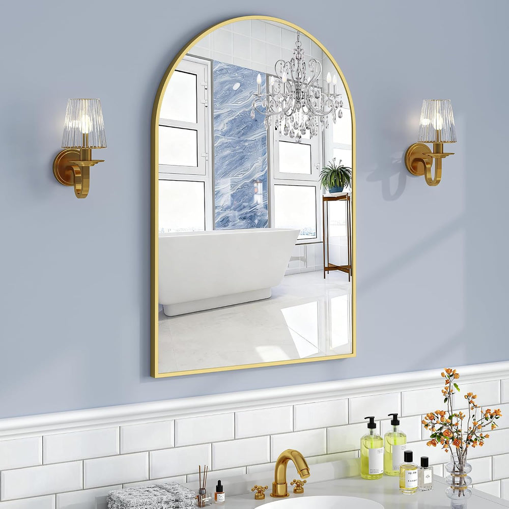 Krymnar Brushed Gold Metal Framed Arched Bathroom Mirror for Wall, 24X36 Inch...