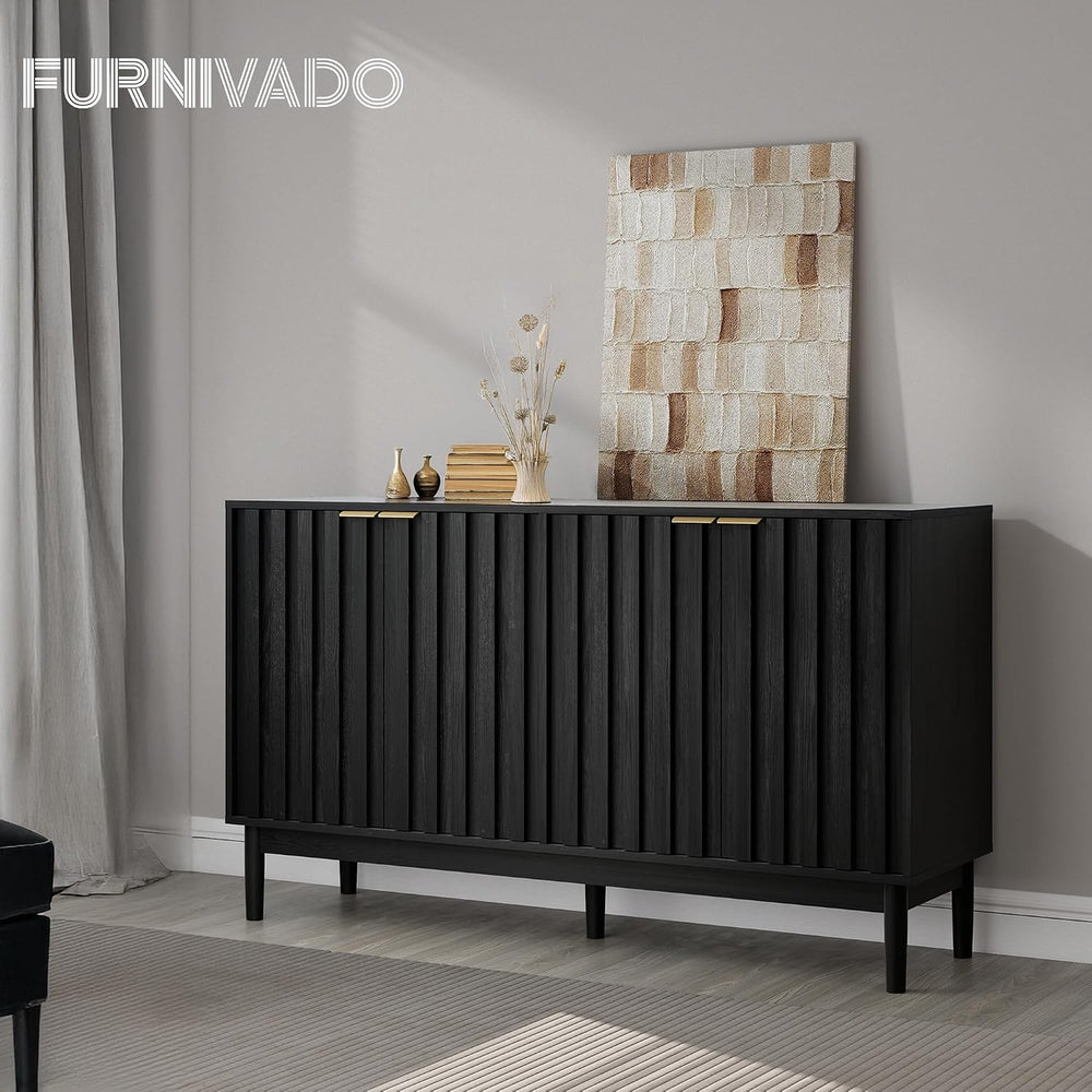 55" Fluted Buffet Cabinet with Storage, Accent Cabinet, Black