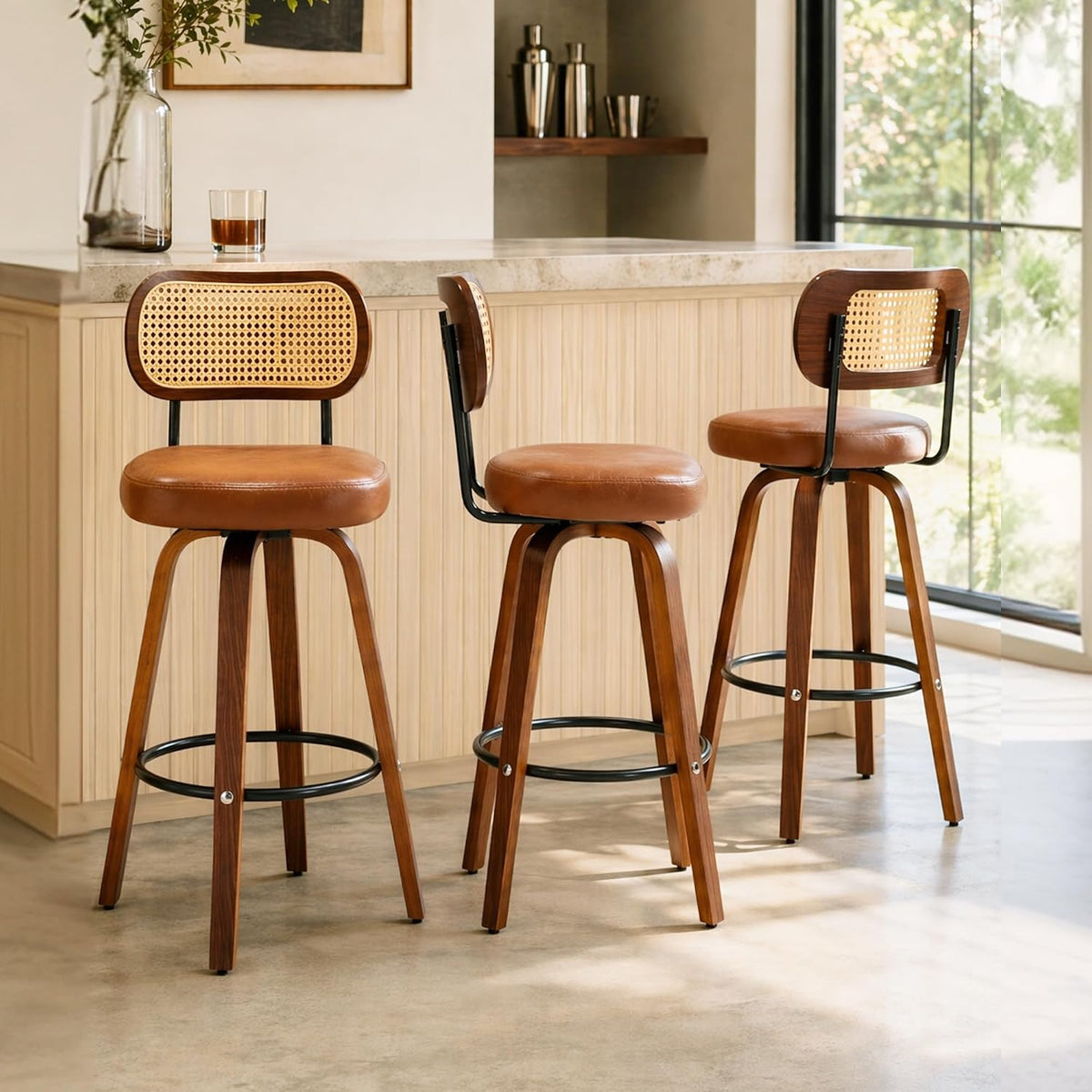 Rattan Bar Stools Set of 2,Upholstered PU Leather, 30''Counter Height Barstools with Back and Wood Legs,360°Swivel,Mid-Century Modern Bar Stool for kitchen Island Dining Room and Bar(Vintage Brown)