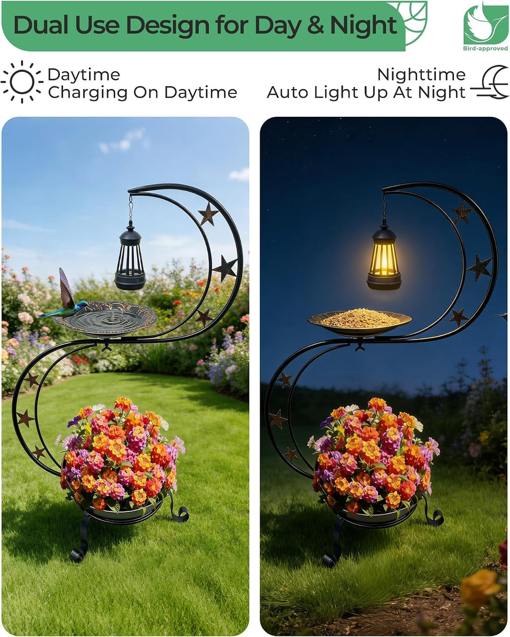 Solar Bird Bath with Flower Planter, S Standing Garden Decor
