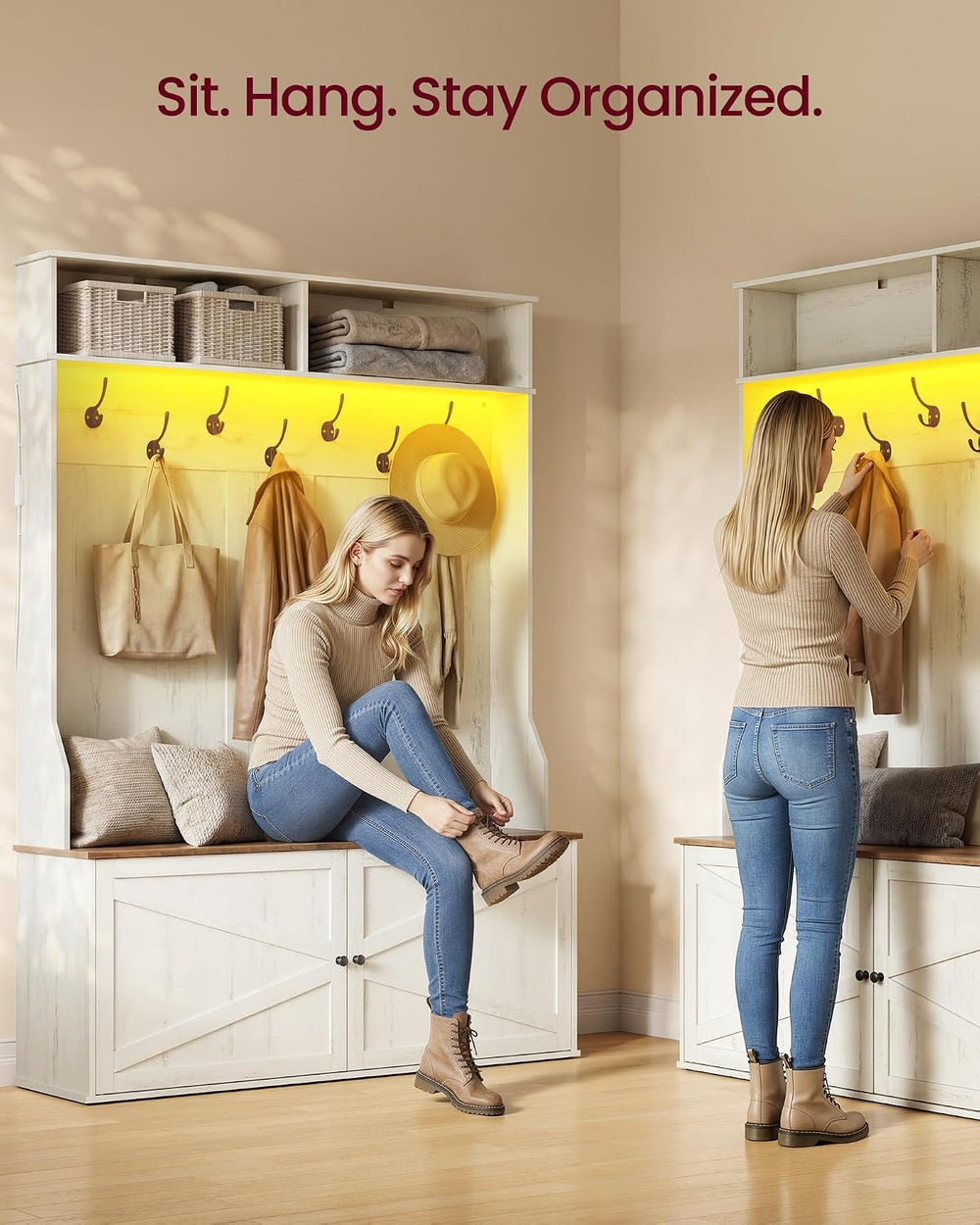VASAGLE 5-in-1 Hall Tree with Bench and Shoe Storage, Adjustable LED Light