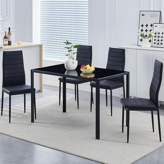 Black PU Dining Chairs Set of 4, Modern Kitchen & Dining Room Chairs Faux Leather Upholstered Dinner Chairs with Metal Legs for Small Space (Black, Horizontal line)