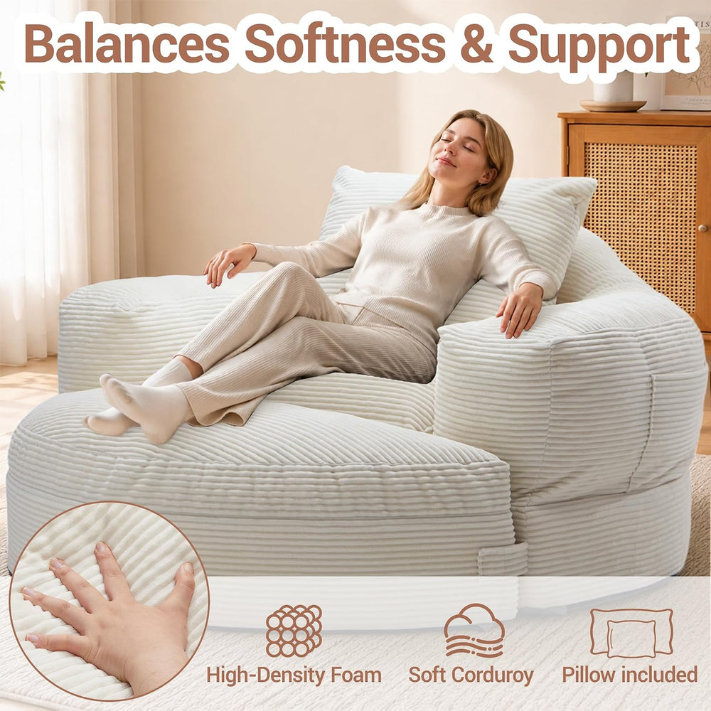 63''Round Chaise Lounge Chair with Footstool,Plush Seating(Beige)
