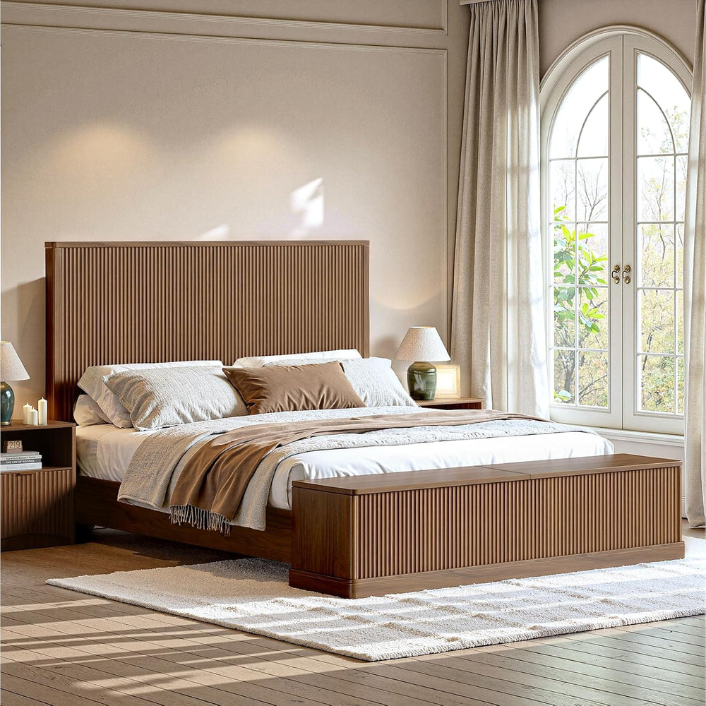 Evermagin Fluted Walnut King Bed Frame with 51'' Headboard & Stor...