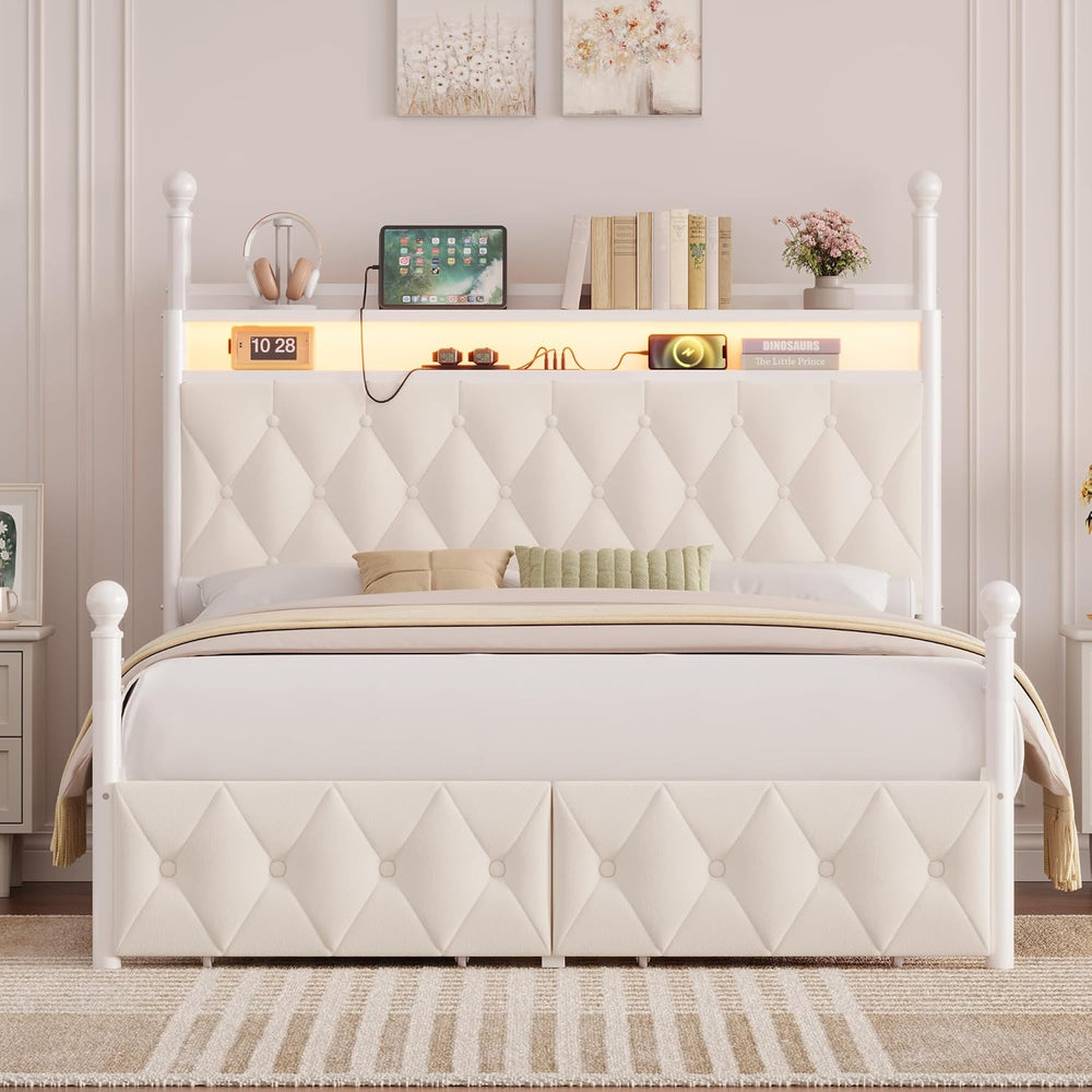 HIFIT Full Size LED Canopy Bed Frame with Storage & Charging Station, Beige