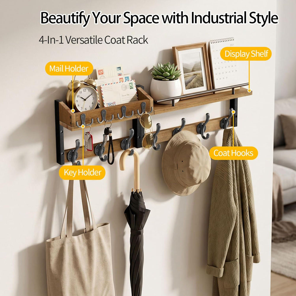 29” Coat Rack Wall Mount with Shelf, Coat and Key Hanger with Metal Hooks