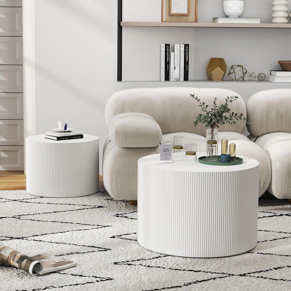 Nesting Coffee Table Set of 2, Round Wood Accent Table, White