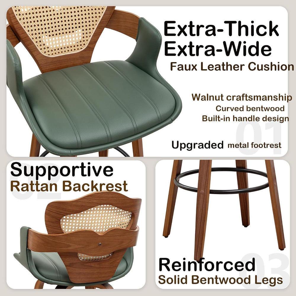 WUPOTO Mid-Century Modern Swivel Bar Stools with Supportive Rattan Back &...
