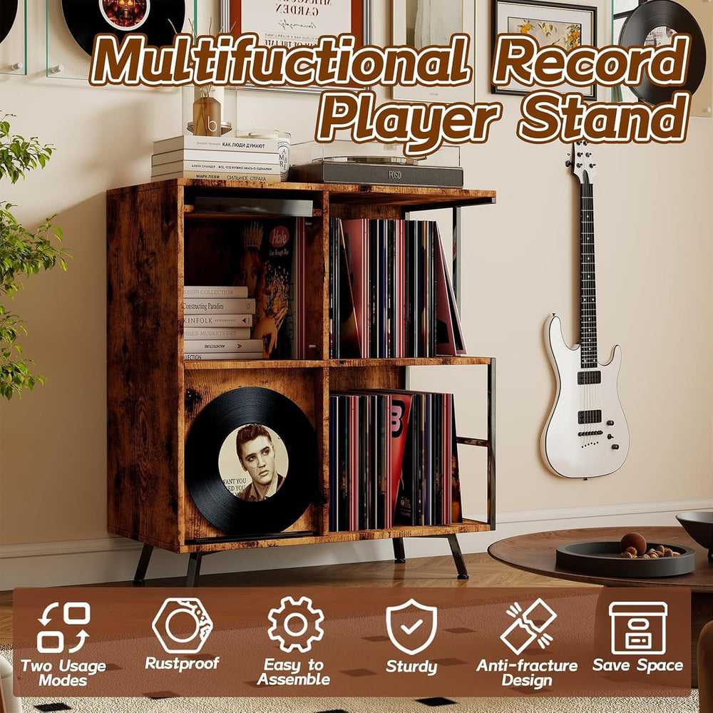 Faesun 3 Tier Record Player Stand with Flip-Down Record Shelf, Rustic Brown