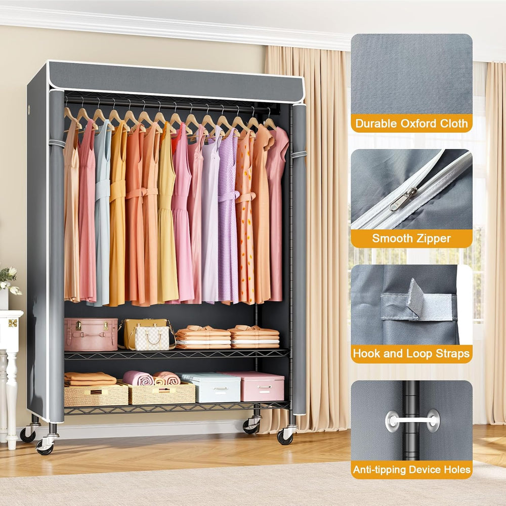 ULIFHOME P6C Plus Rolling Clothes Rack with Cover, Covered Clothing Rack