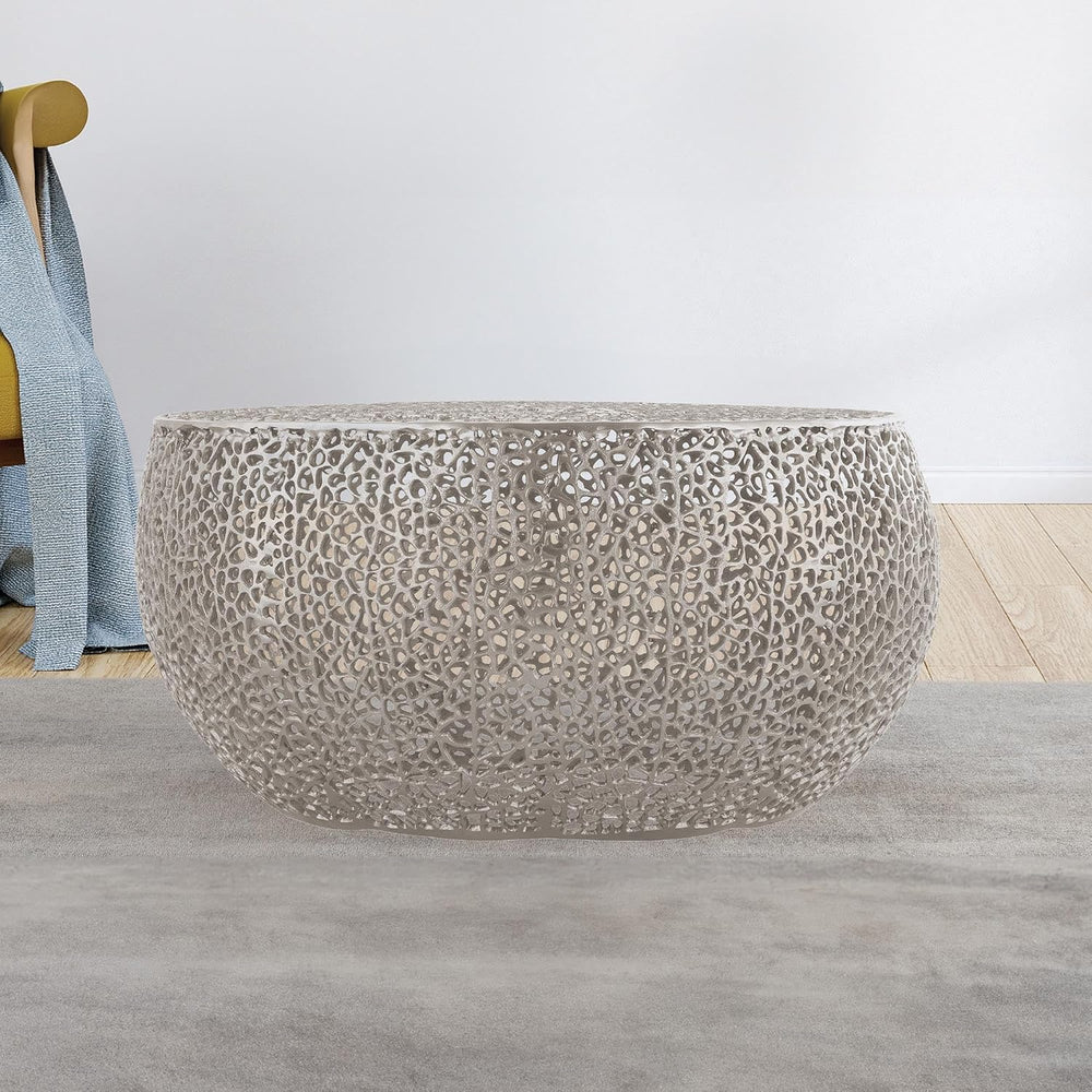 32" Silver Aluminum Drum Coffee Table with Open Mesh Design