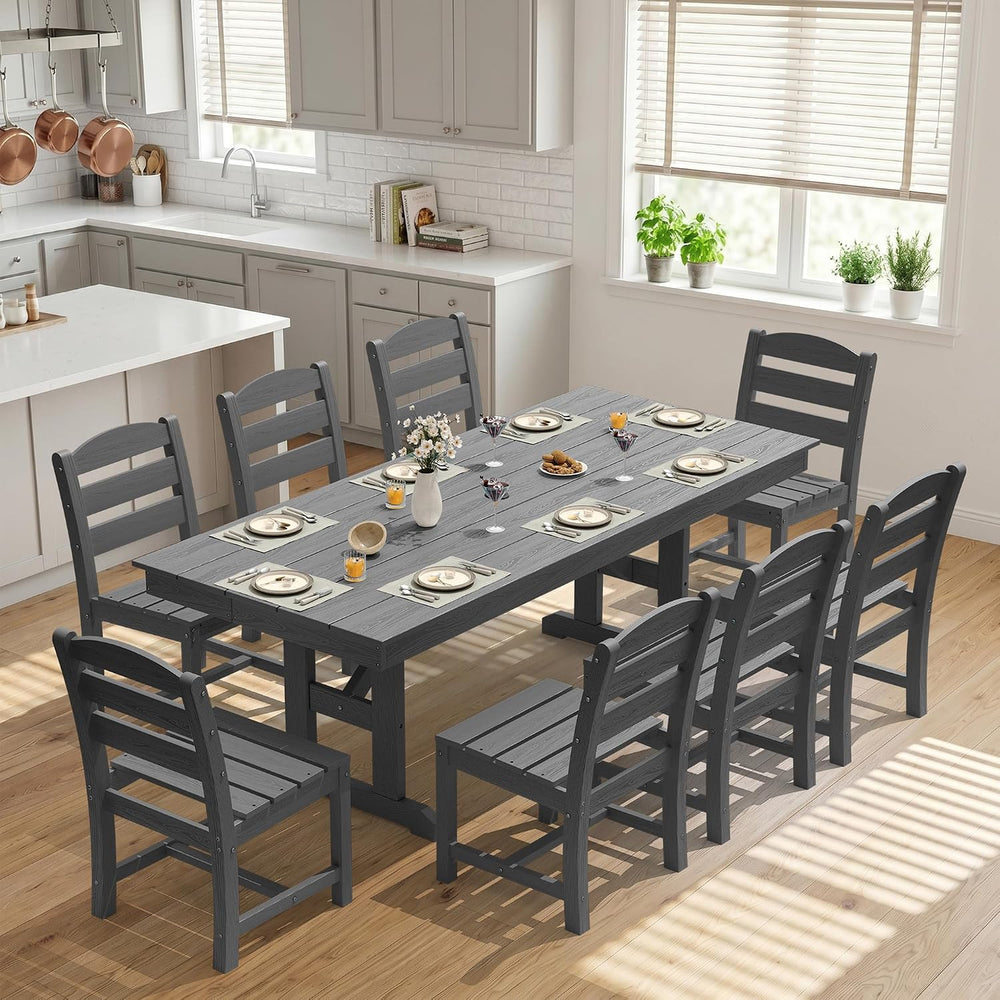 KINGYES Outdoor Dining Set,84'' Table w/Umbrella Hole & Armless C...