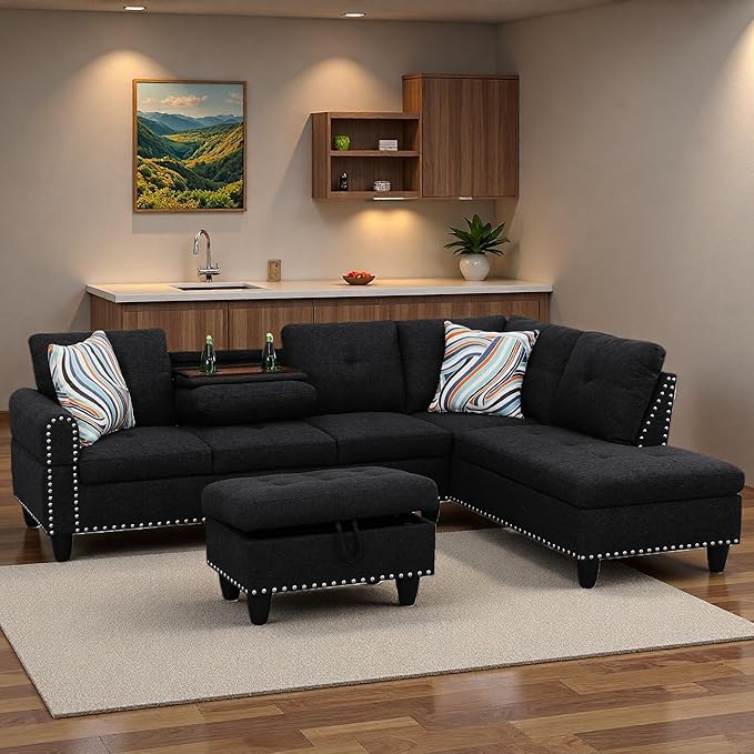 Sectional Couches for Living Room with Movable Chaise & Storage Ottoman - 97.5" Linen L Shaped Couches for Living Room Apartment, Home Modular Sectional Sofas with Cup Holder, Grey