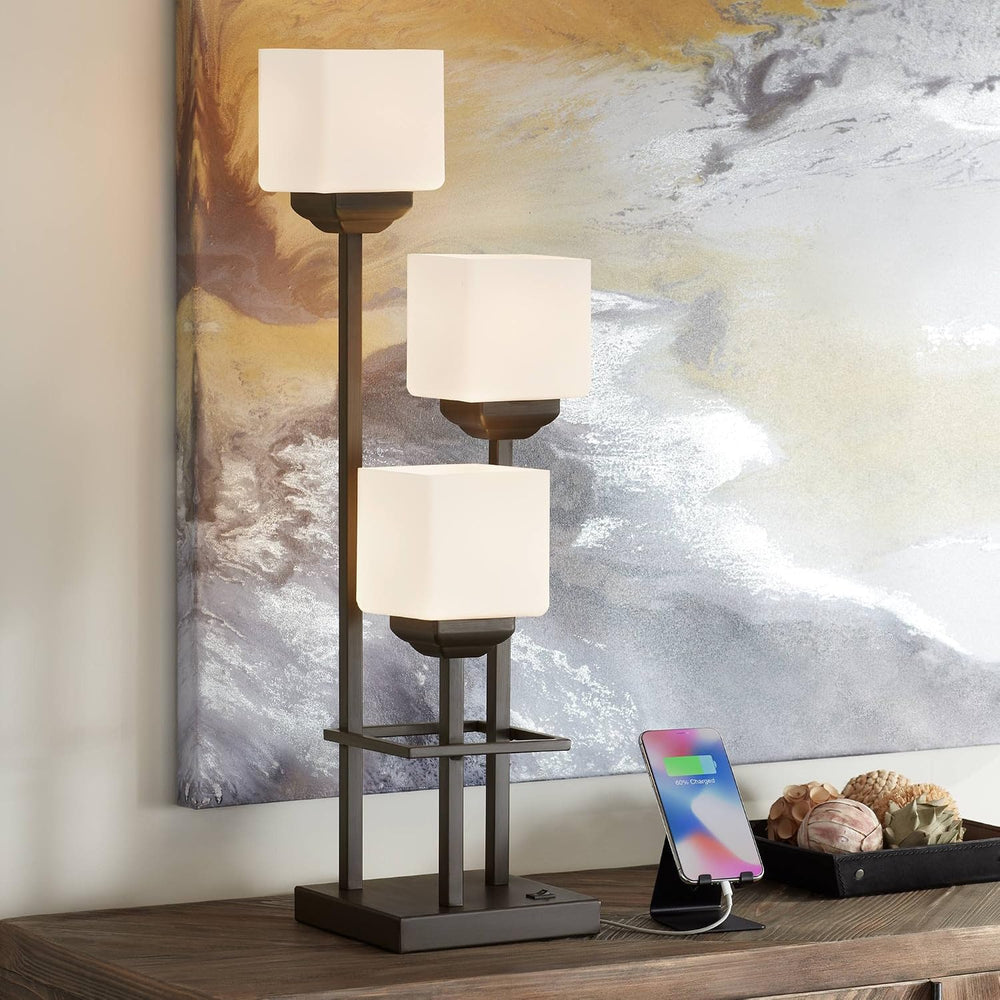 29 1/2" Tall Table Lamp USB 3-Light Bronze Brown Accent Modern Glass