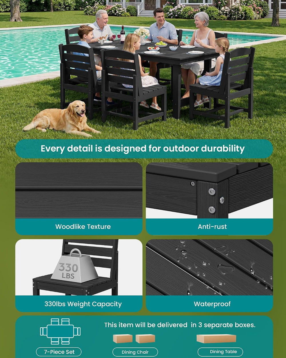 SERWALL Armless Outdoor Dining Set, Patio Dining Set for 6, Black