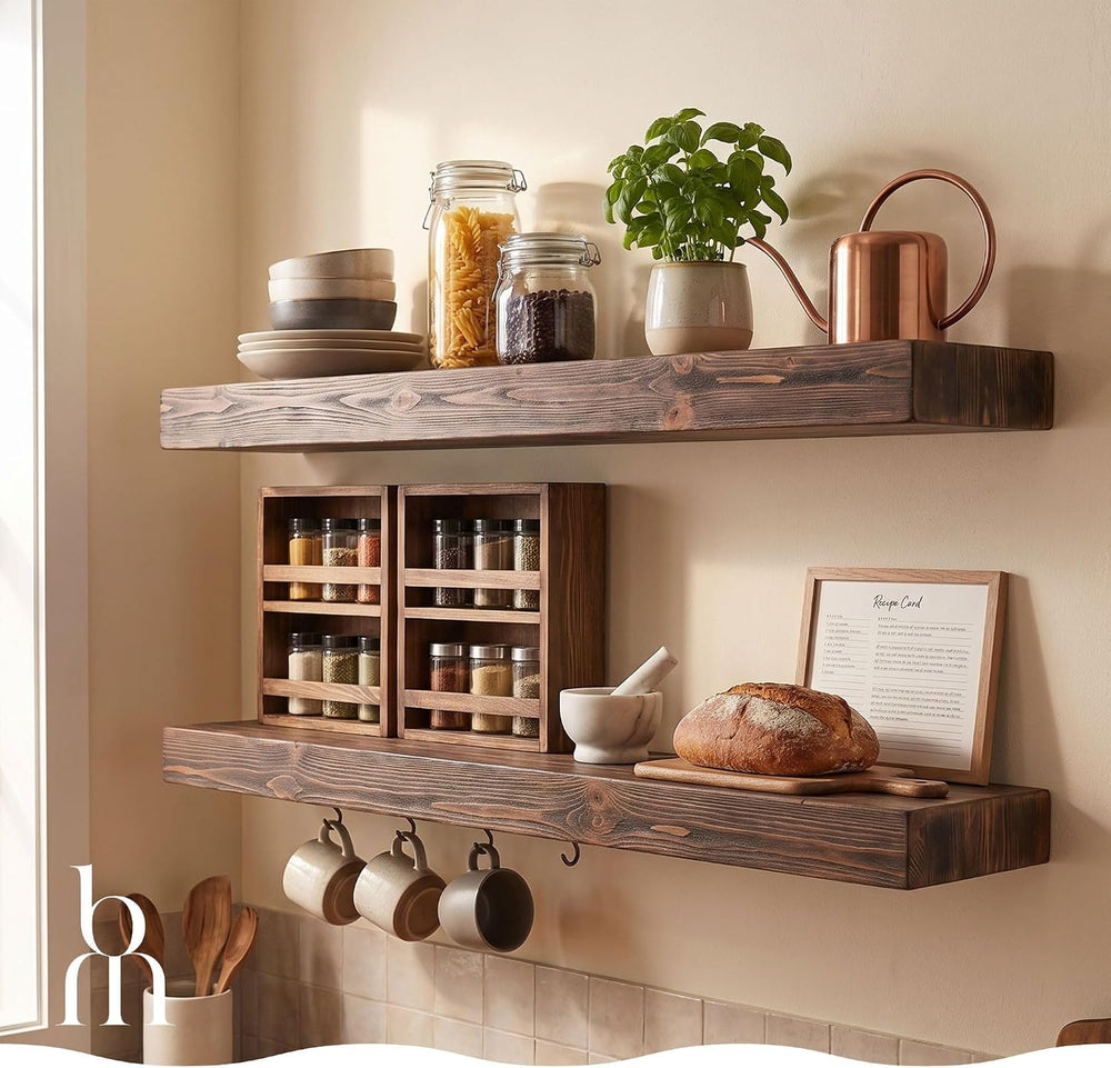 3 Inch Thick Floating Shelves, Solid Pine Wood, 8 Inch Deep, Set of 2