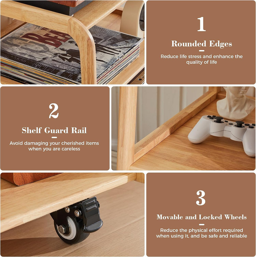 Solid Wood AV Media Stand, 4-Tier Audio Rack with Lockable Casters