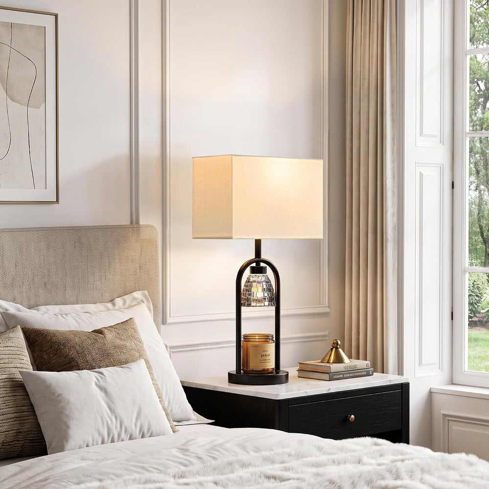 PoKat 22'' Modern Table Lamp with Candle Warmer for Bedroom, Matte Black