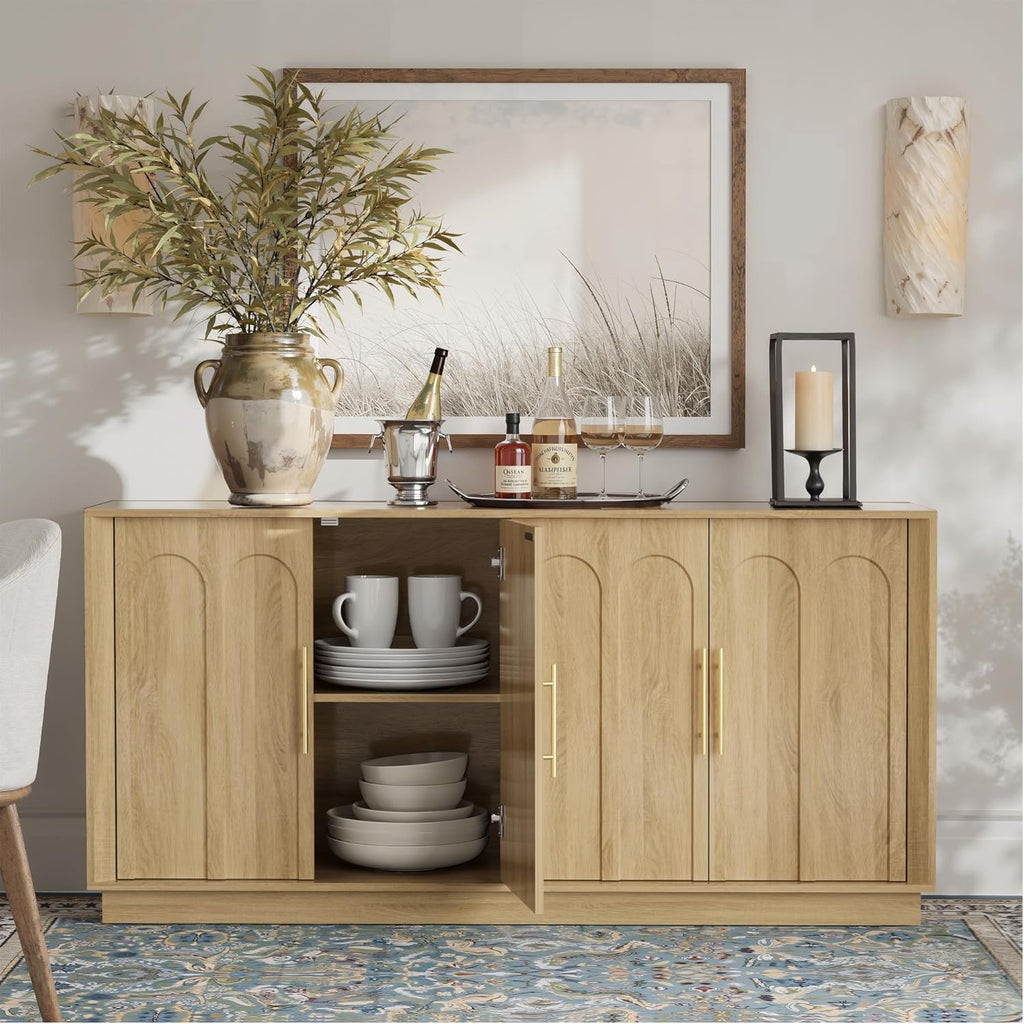 FORTUNETEC 67" Sideboard Buffet Cabinet with Storage, Arched Doors, Oak
