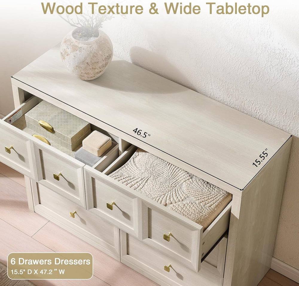 6 Drawers Dresser for Bedroom-46.5" Wide Wooden Chest of Drawers with La...