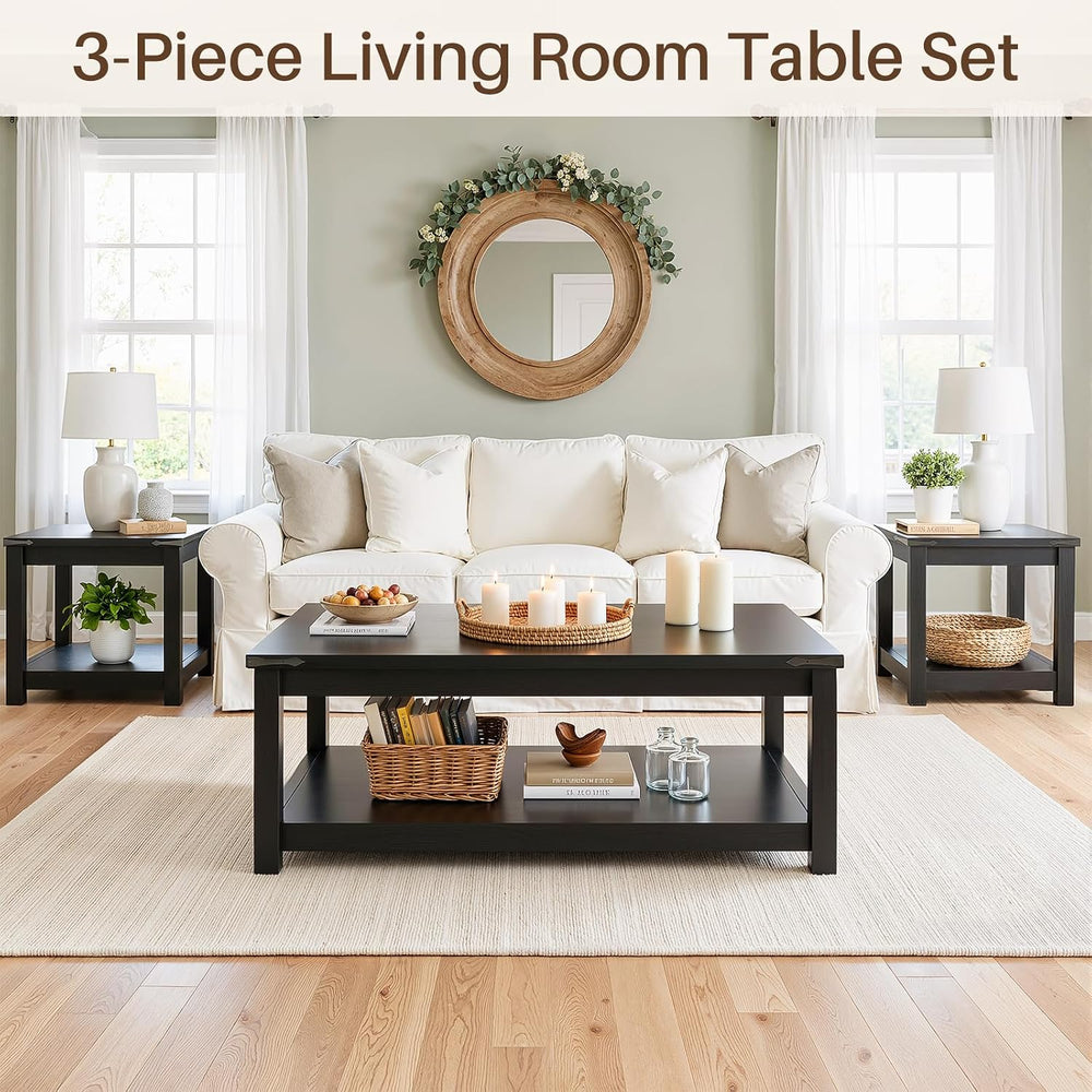 Homieasy 3-Piece Living Room Table Set: Coffee Table & 2 End Tables, Black