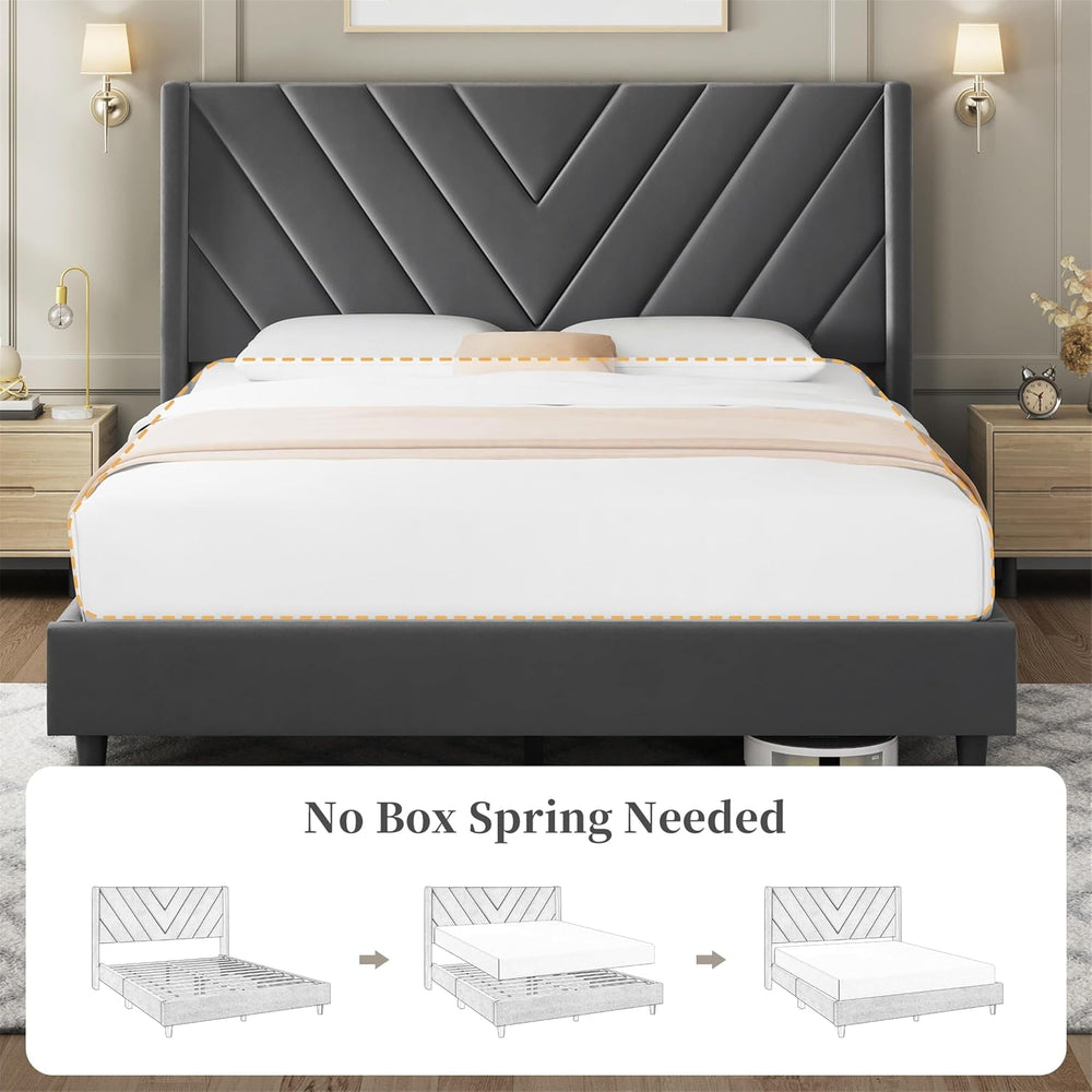 Yaheetech Queen Bed Frame with Chevron Channel-Tufted Headboard, Deep Gray