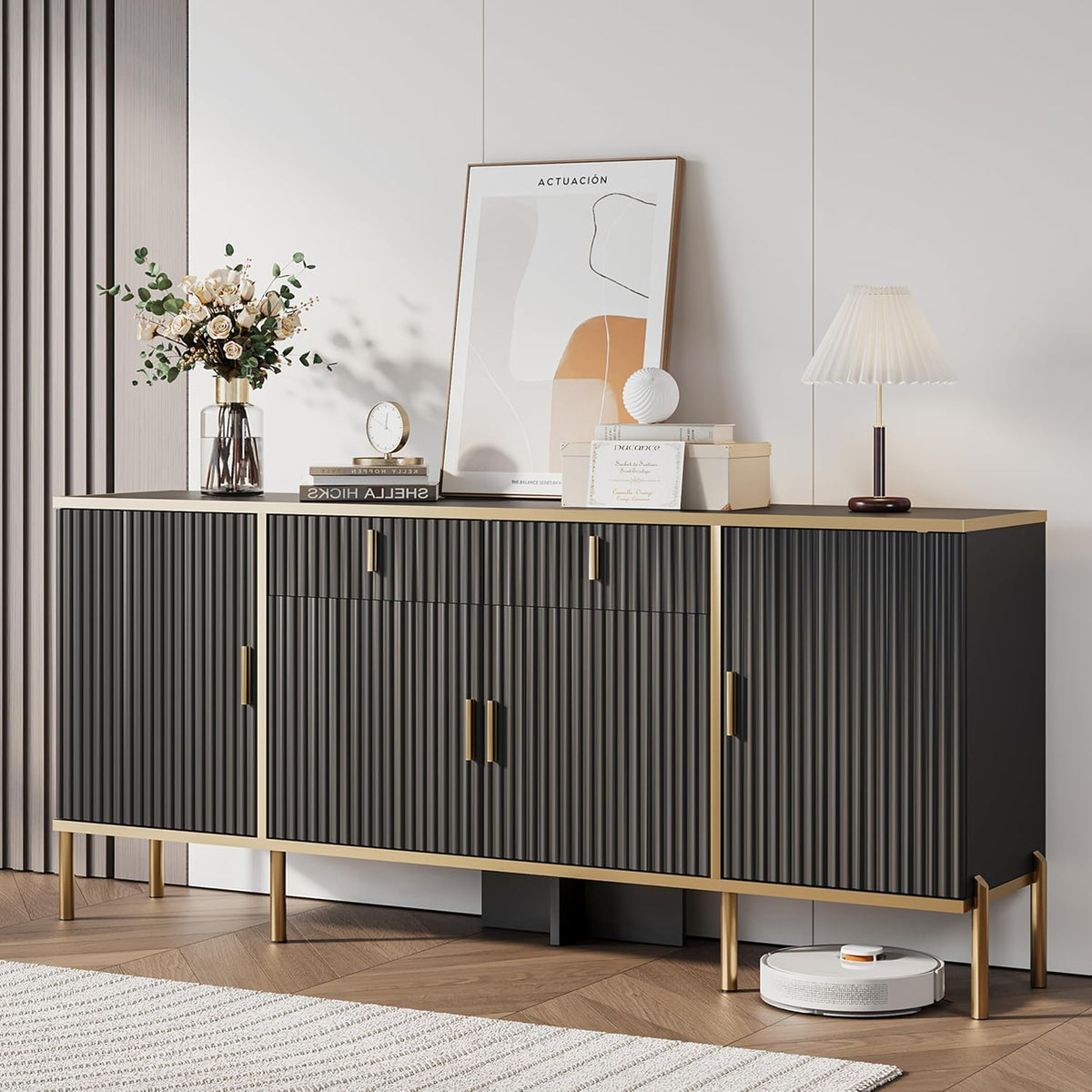 60" Fluted Buffet Cabinet with Storage, Modern Buffets & Sideboard with 2 Drawers, 4 Doors and Adjustable Shelves, Accent Cabinet for Kitchen, Black