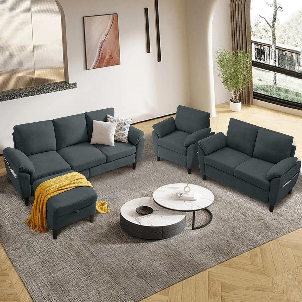 4 Piece Convertible Sectional Sofa Set, Modern Linen Small L Shaped Couch wit...