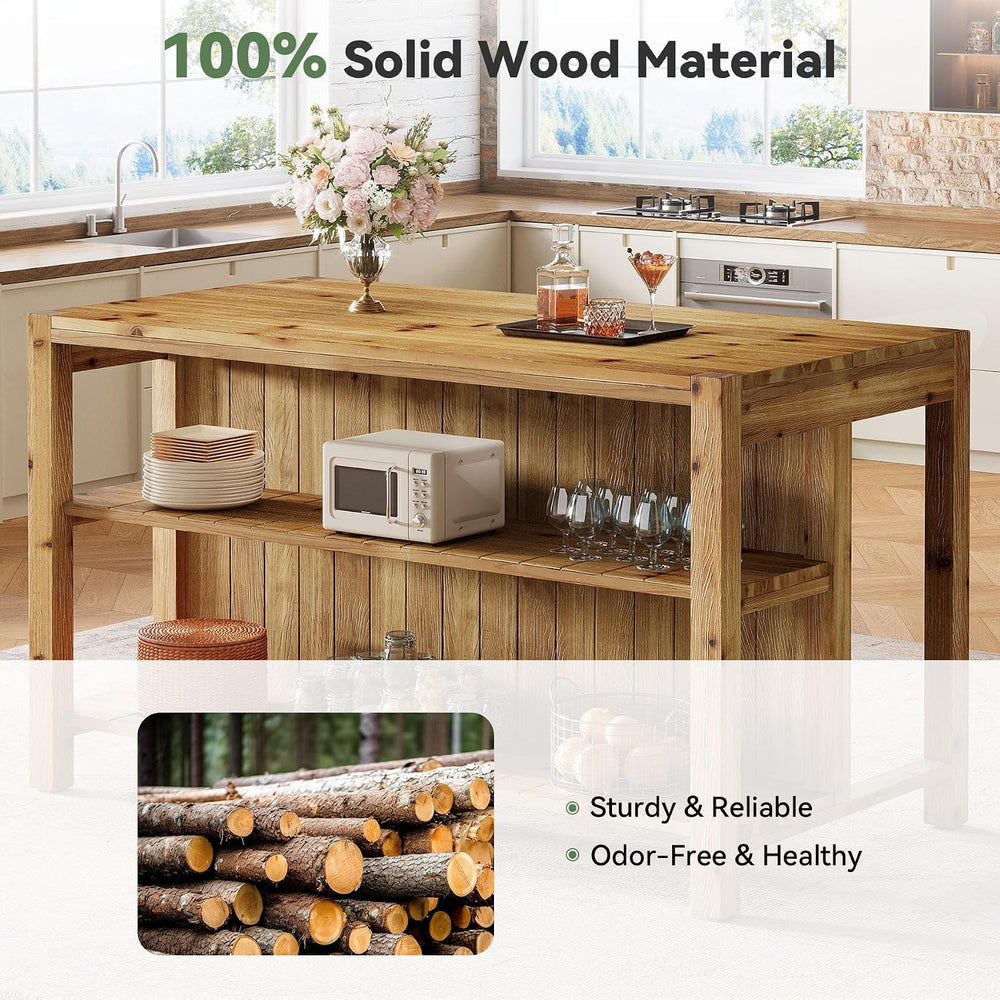 59" Solid Wood Kitchen Island with Open Storage Shelves