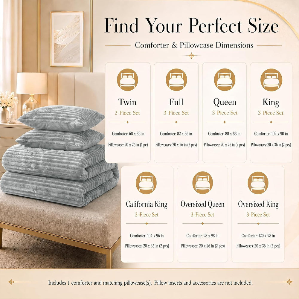 CozyLux Fleece Oversized King Comforter Sets, 3 Piece Light Grey Bedding