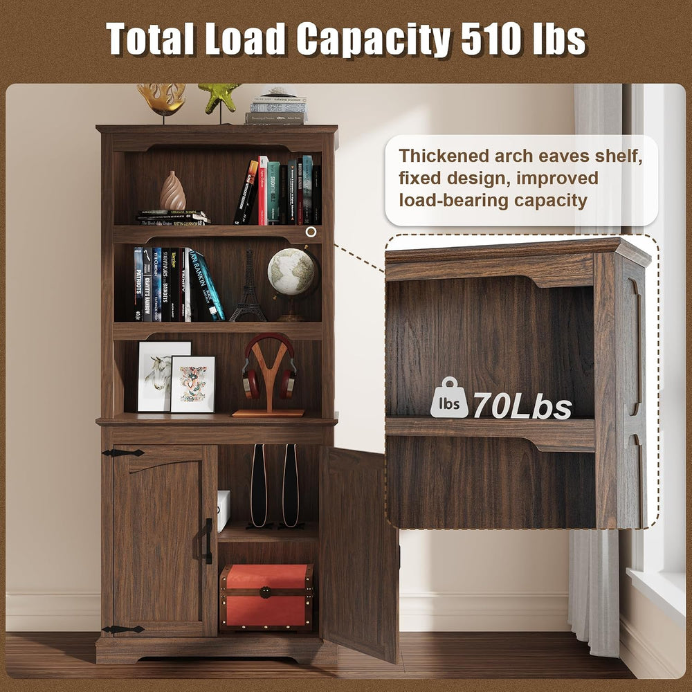 70”Walnut Bookcase Bookshelf, 5-Tier Farmhouse Bookcases with Doors
