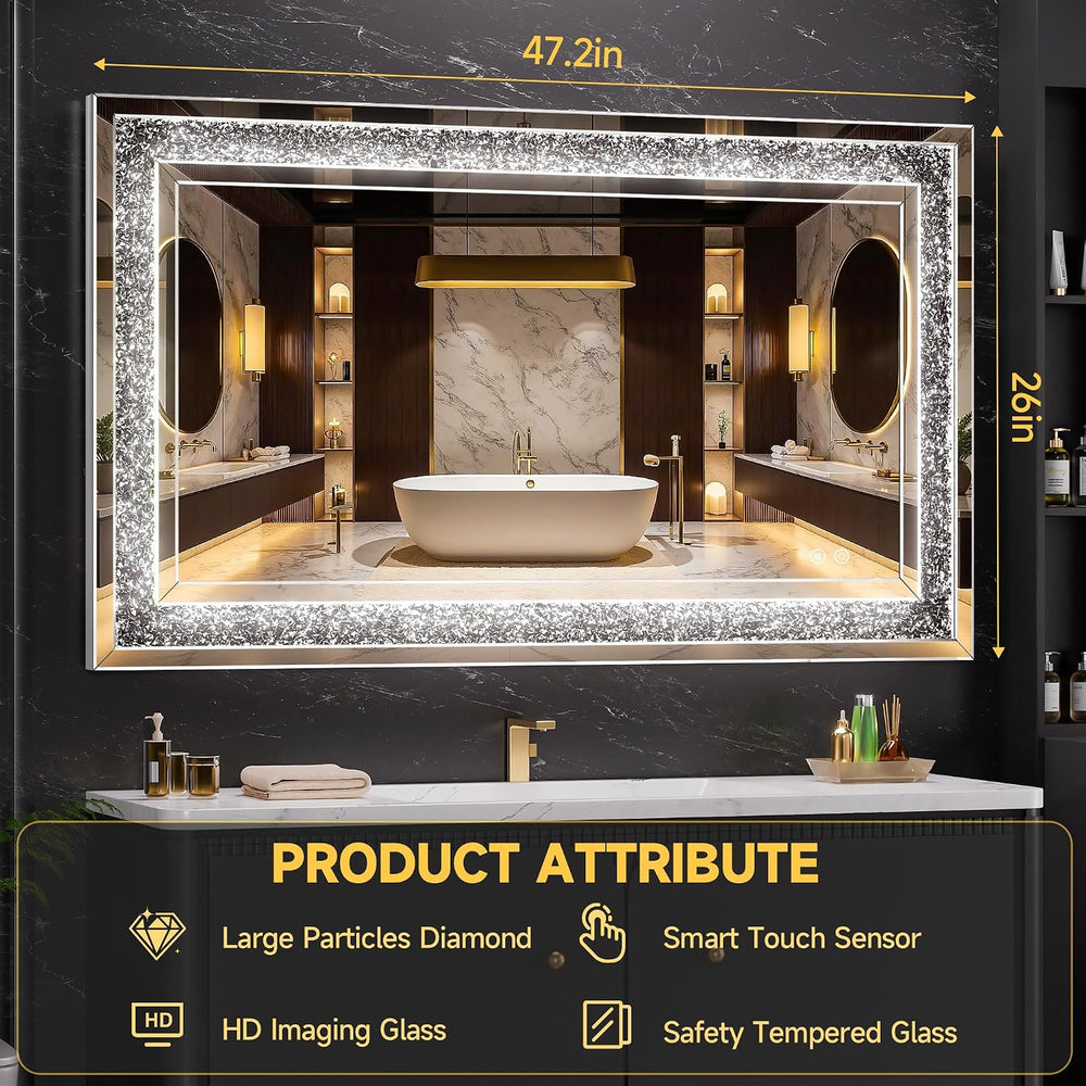 47" x 26" LED Diamond Wall Mirror, Dim & Anti-Fog