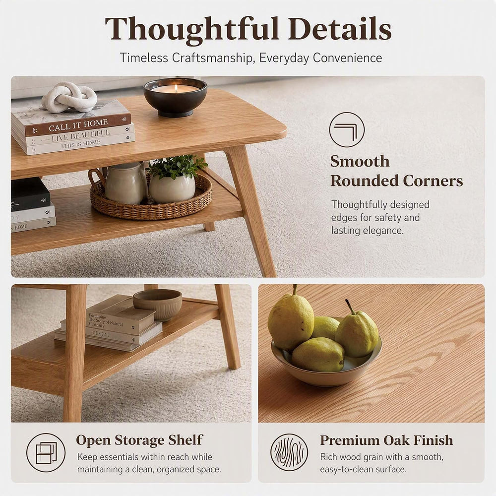 100% Solid Oak Coffee Table with Storage Shelf, 47.24" W