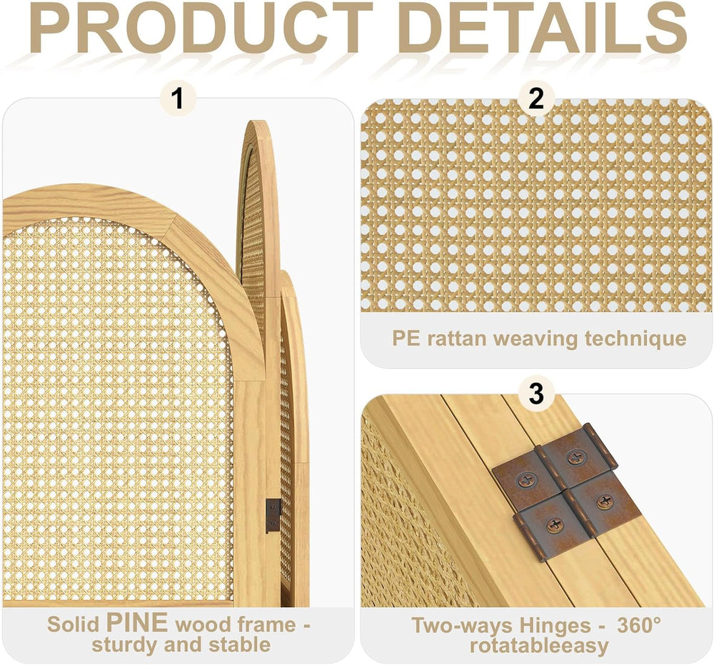 3-Panel Hand-Woven Rattan Room Divider, Tall Foldable Privacy Screen with Woo...