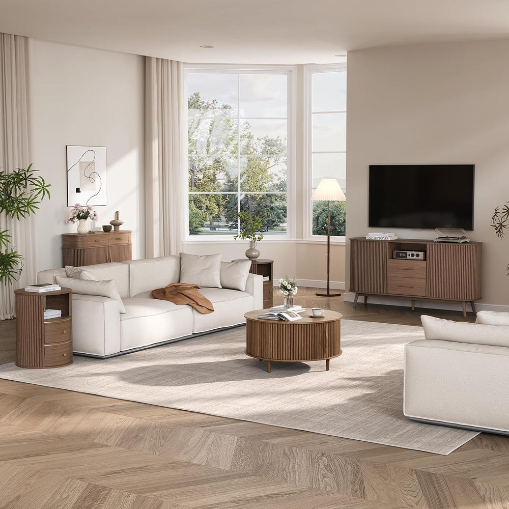 JOINICE 31.5" Round Coffee Table with Storage for Living Room, Walnut